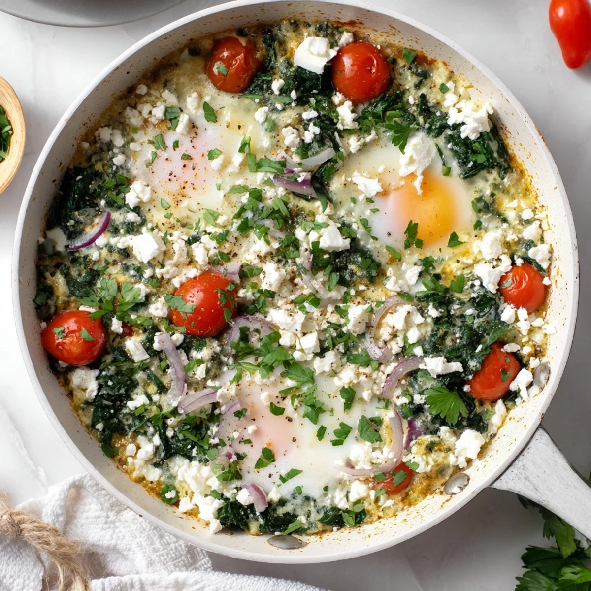 Golden baked feta eggs with wilted spinach and roasted cherry tomatoes in a skillet