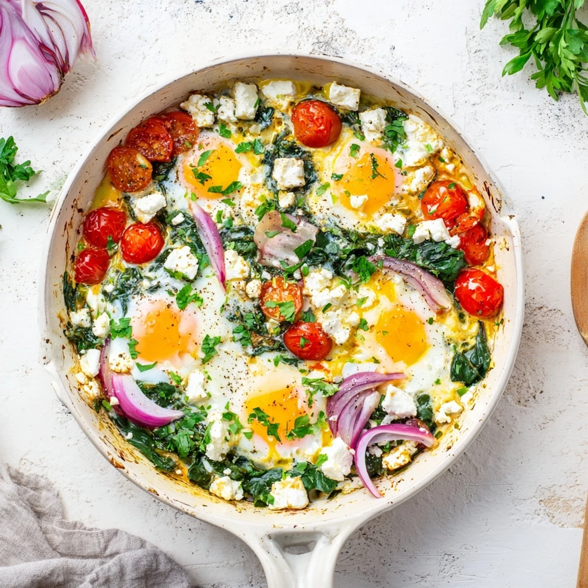 Sizzling skillet of baked feta eggs with fresh spinach and juicy roasted tomatoes