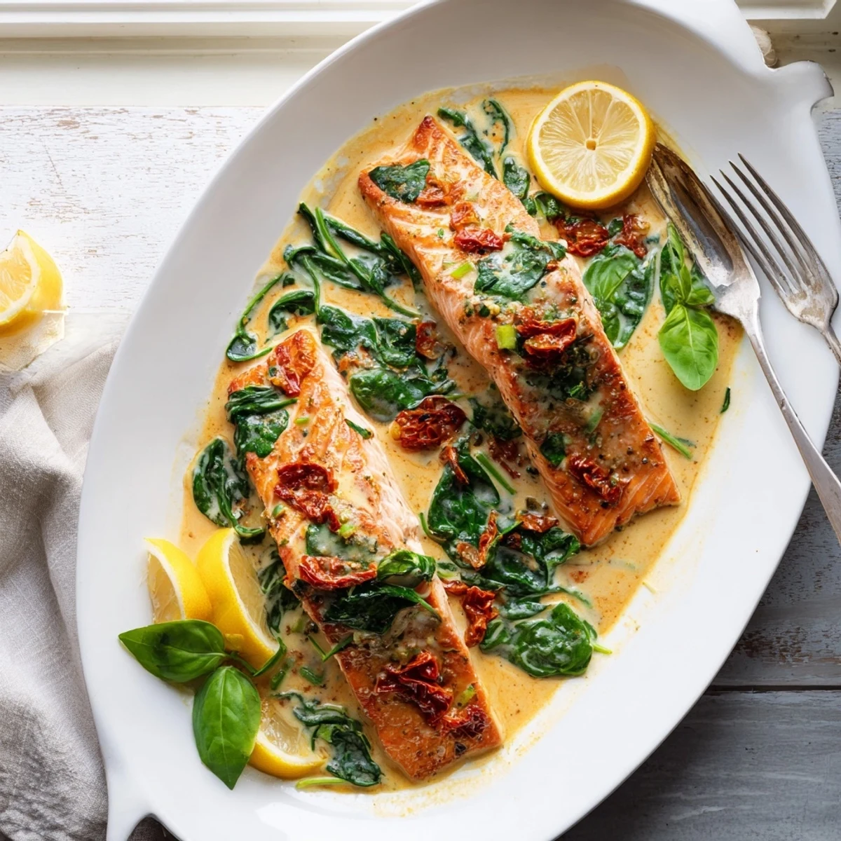 Pan-seared salmon fillets resting in velvety garlic cream sauce with sun-dried tomatoes and fresh spinach