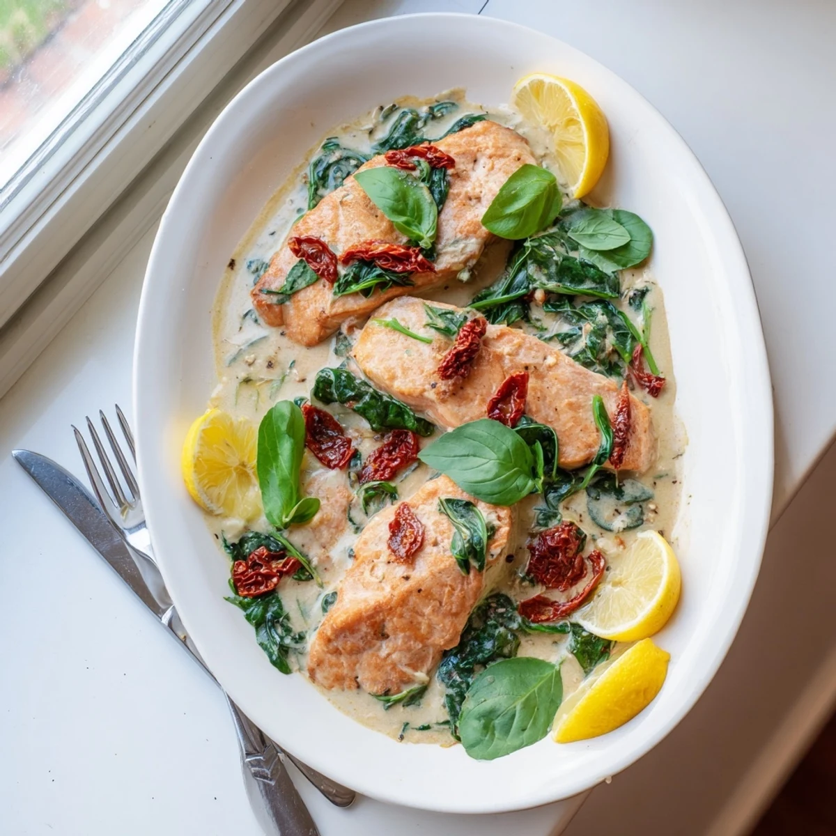 Rich and indulgent creamy Tuscan salmon with sun-dried tomatoes served over a bed of baby spinach