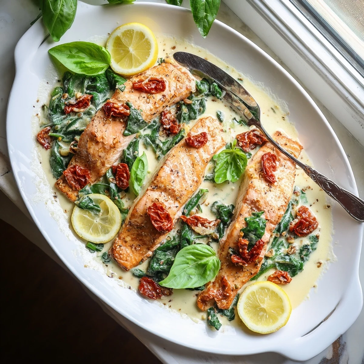 Golden crispy salmon topped with Tuscan parmesan cream sauce featuring wilted spinach and tangy sun-dried tomatoes