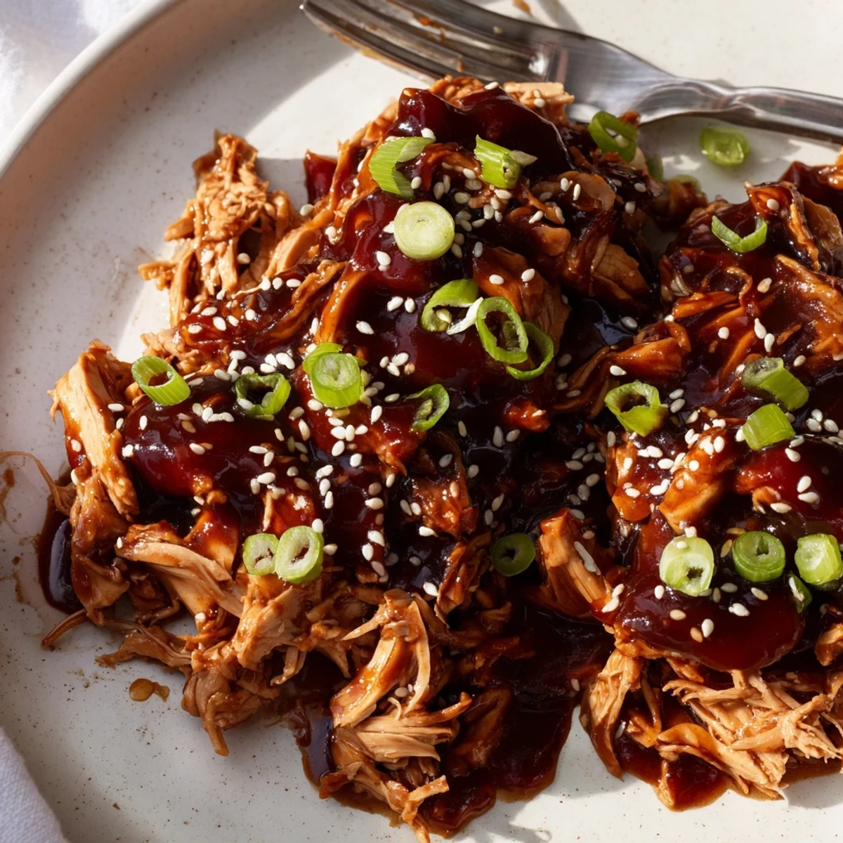 Tender slow cooker chicken pieces coated in thick teriyaki glaze over fluffy white rice