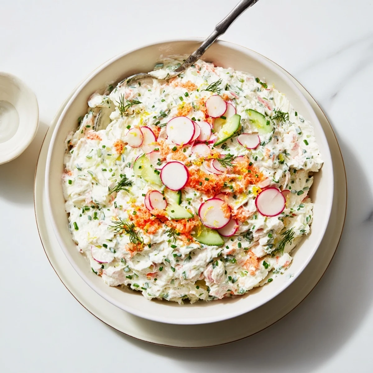 Creamy Easter dip topped with fresh herbs, grated carrots, and diced radishes served in a white bowl.