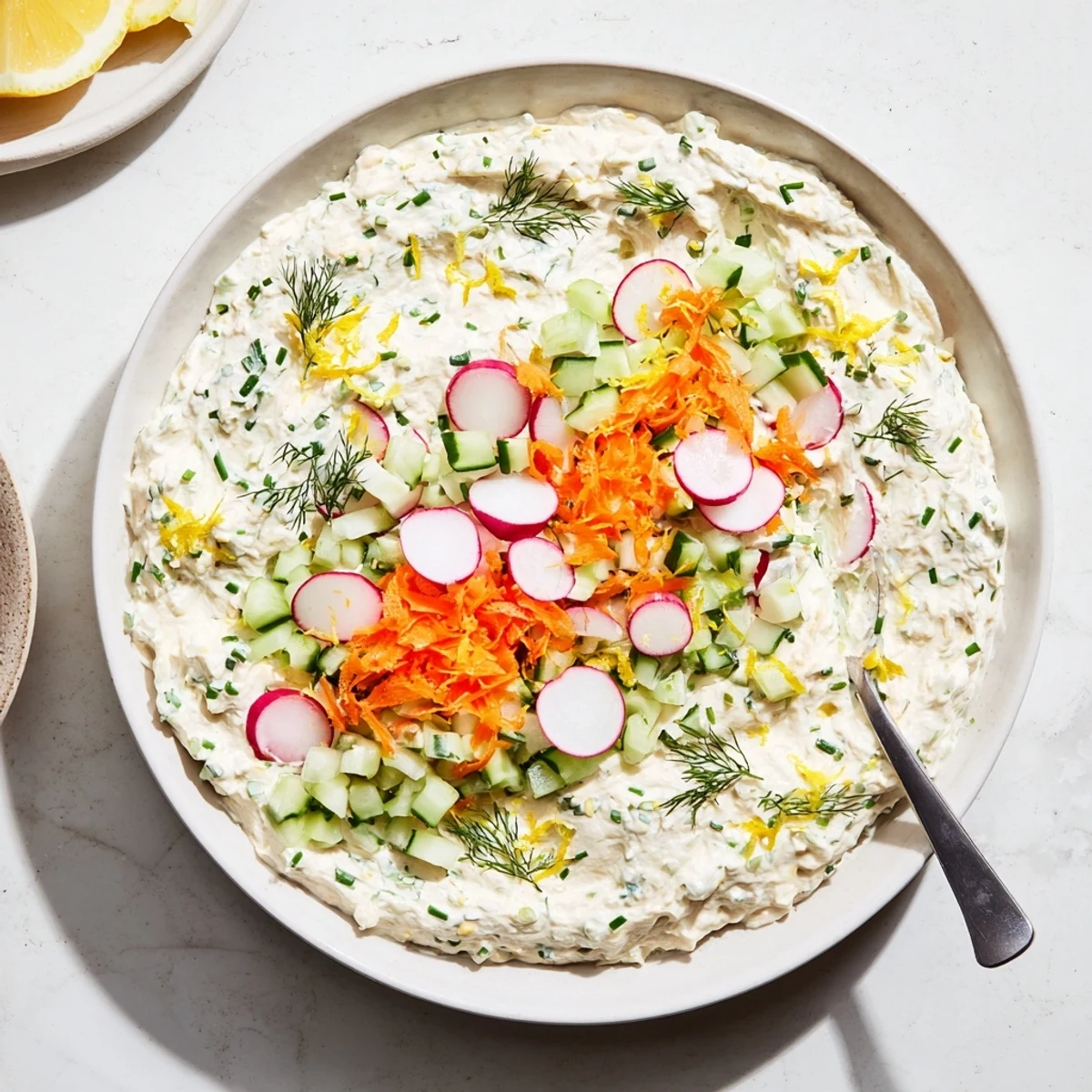 Creamy Easter dip with colorful vegetable garnish surrounded by crisp crackers on a spring-themed serving platter.