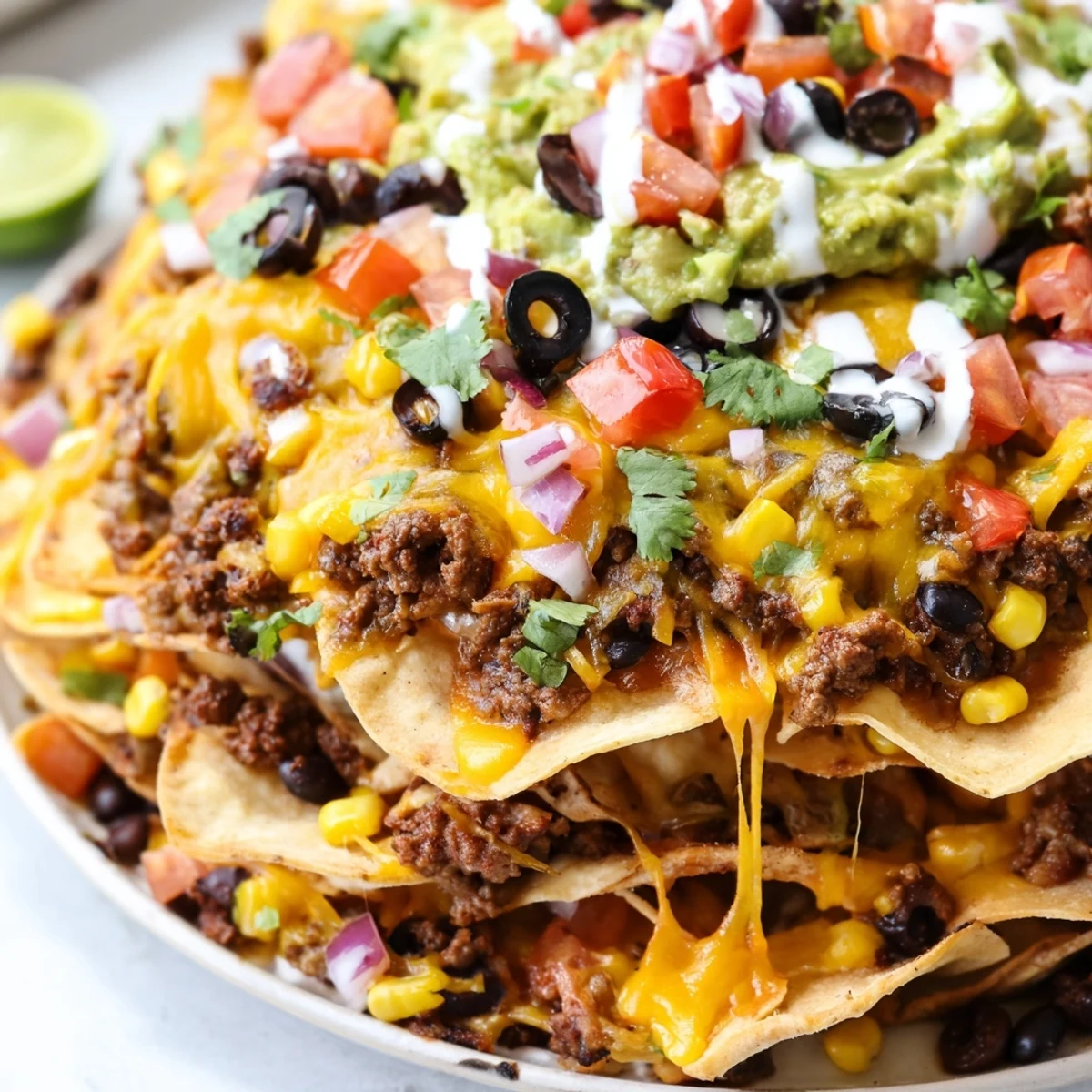 Golden cheesy Bundt Pan Nachos piled high with melted cheddar and Monterey Jack