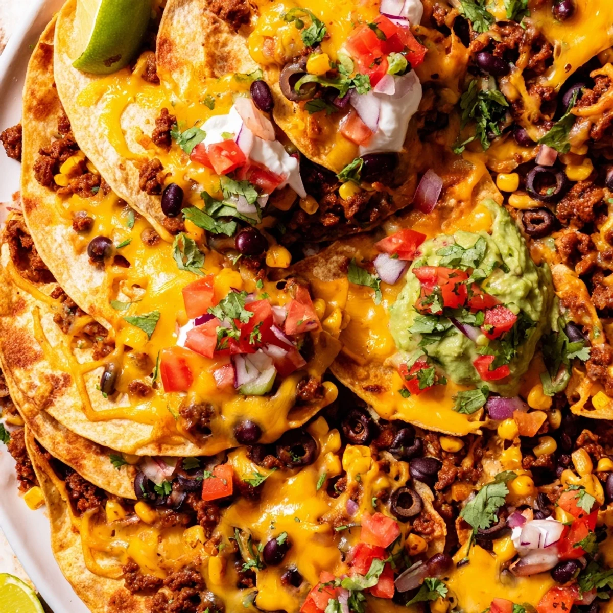 Tortilla chip ring layered with beans corn tomatoes baked until bubbly and crisp
