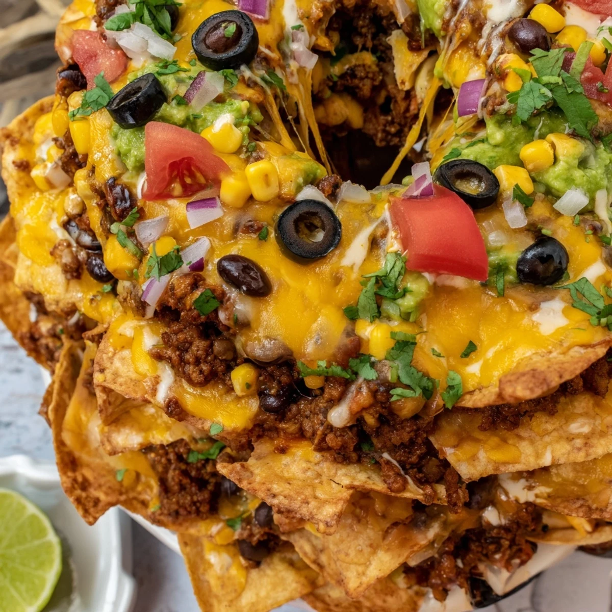 Party-style Bundt Pan Nachos topped with sour cream guacamole fresh cilantro and lime