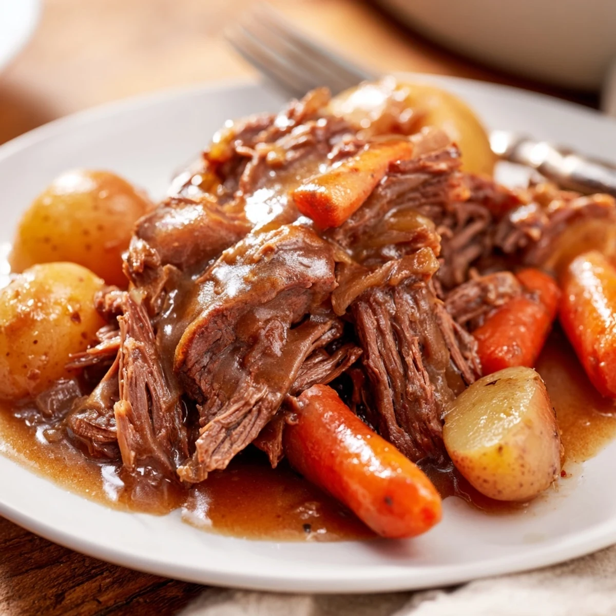 Southern Style Pot Roast plate featuring fork-tender beef slices covered in rich brown gravy alongside creamy mashed potatoes and buttered green beans