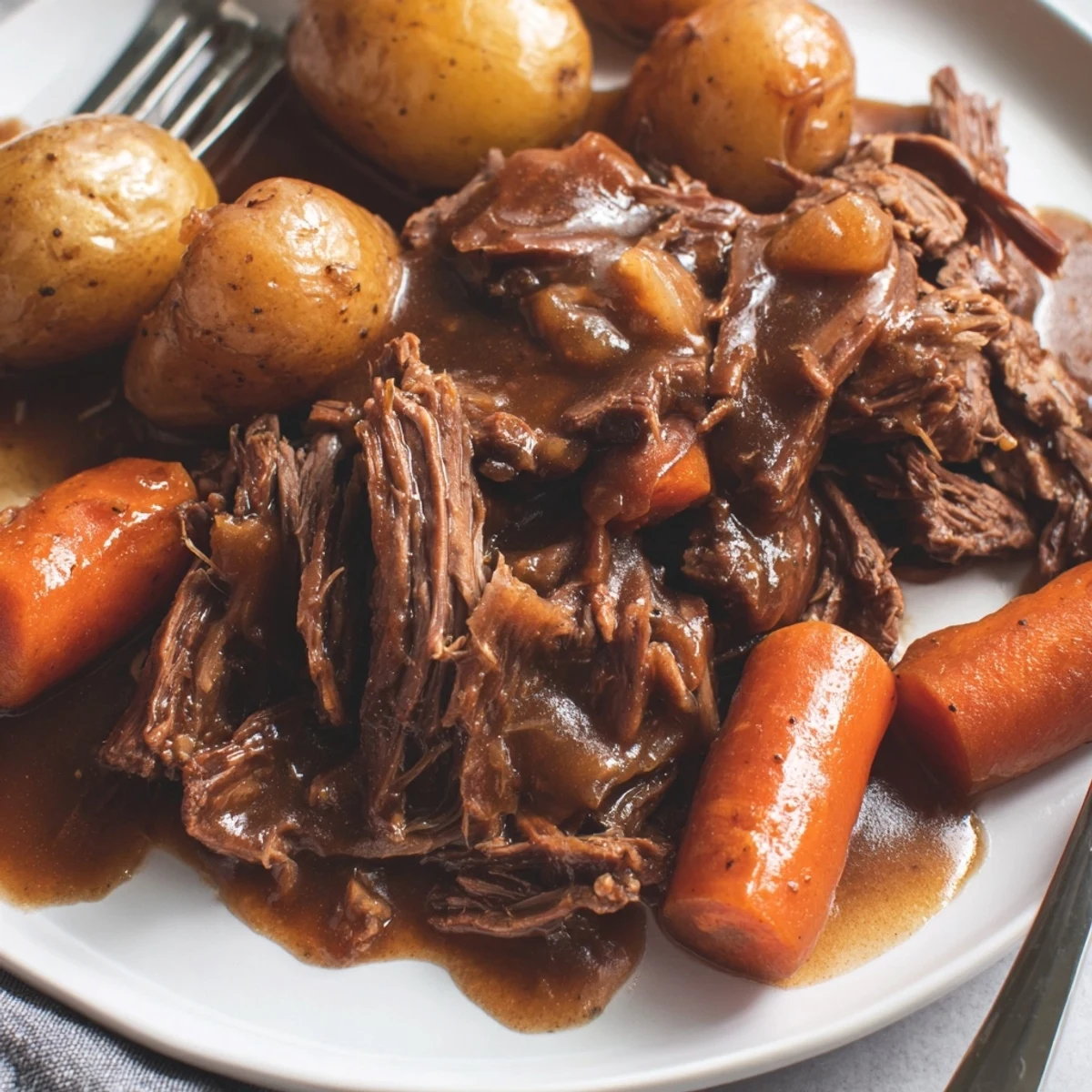 Classic Southern Style Pot Roast served on a white platter with tender slow-cooked beef, roasted vegetables, and fluffy mashed potatoes drizzled with savory gravy