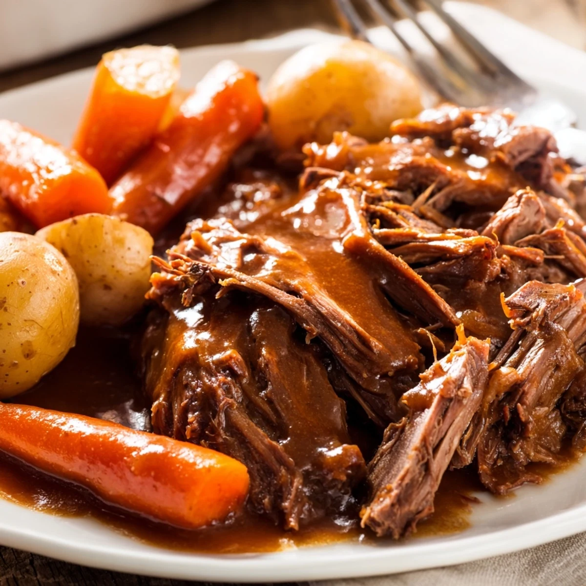 Hearty Southern Style Pot Roast dinner showcasing succulent beef shreds with caramelized carrots and celery, served over smooth mashed potatoes with crisp green beans