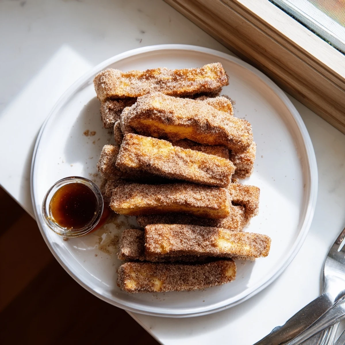 Crispy coated French toast sticks dusted with cinnamon sugar and ready for warm maple syrup dipping.