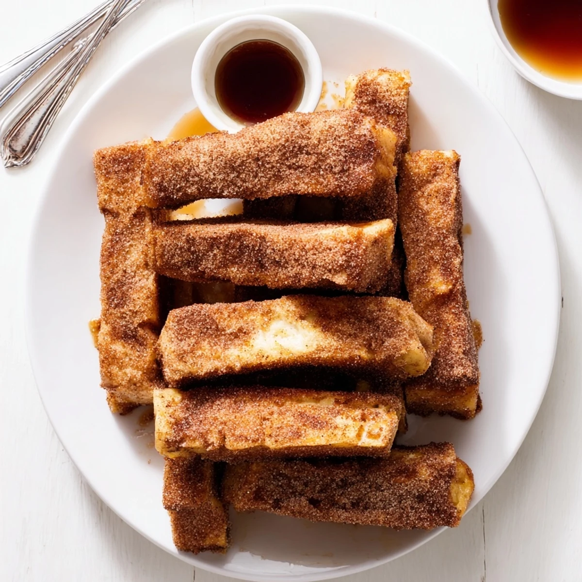 Fluffy cinnamon French toast sticks served on a platter with a small bowl of sweet syrup.