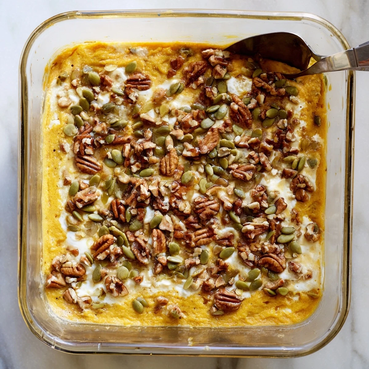 Golden high protein cottage cheese pumpkin bake sprinkled with pecans and pumpkin seeds on a white plate