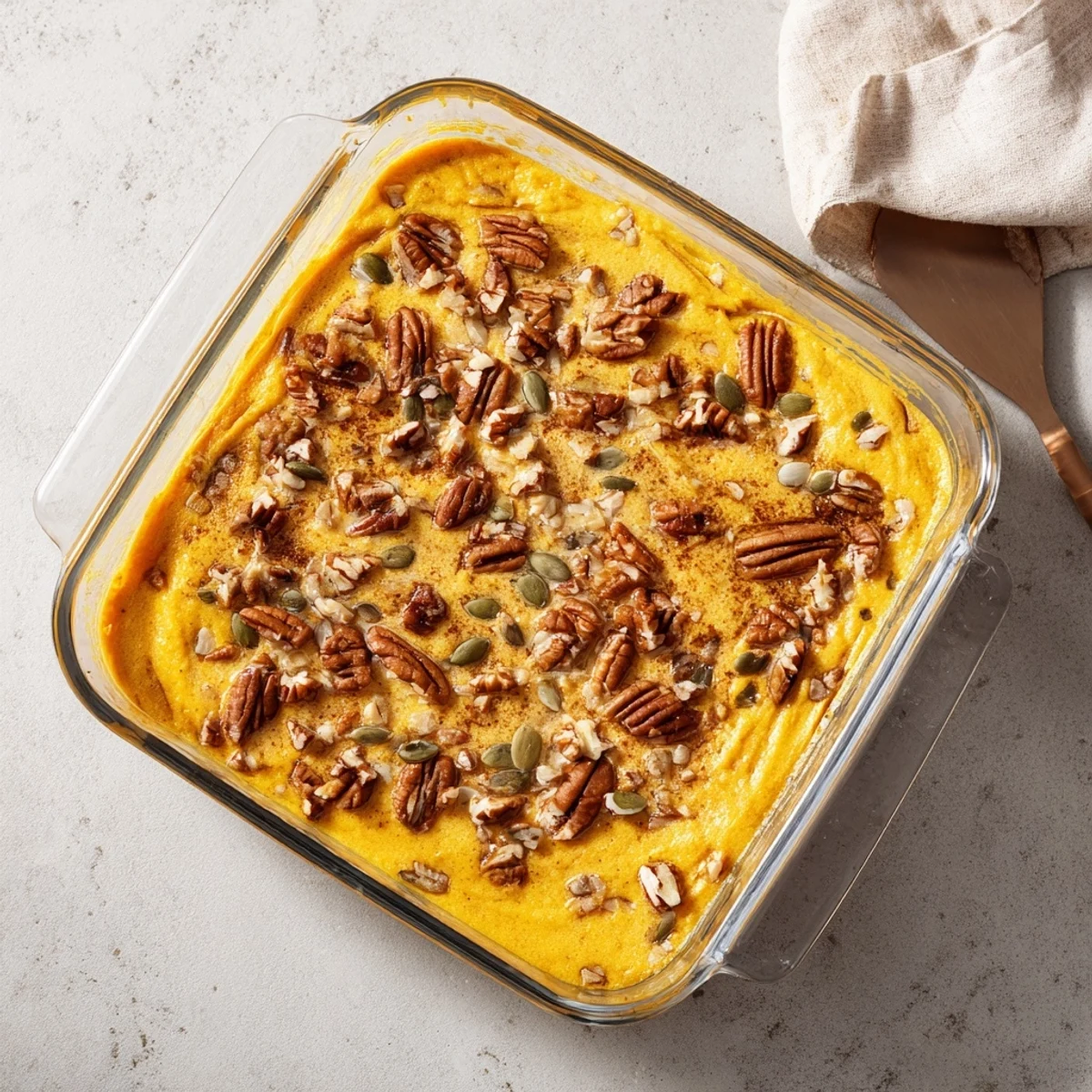 Creamy high protein pumpkin bake with cottage cheese served in a square dish with optional toppings