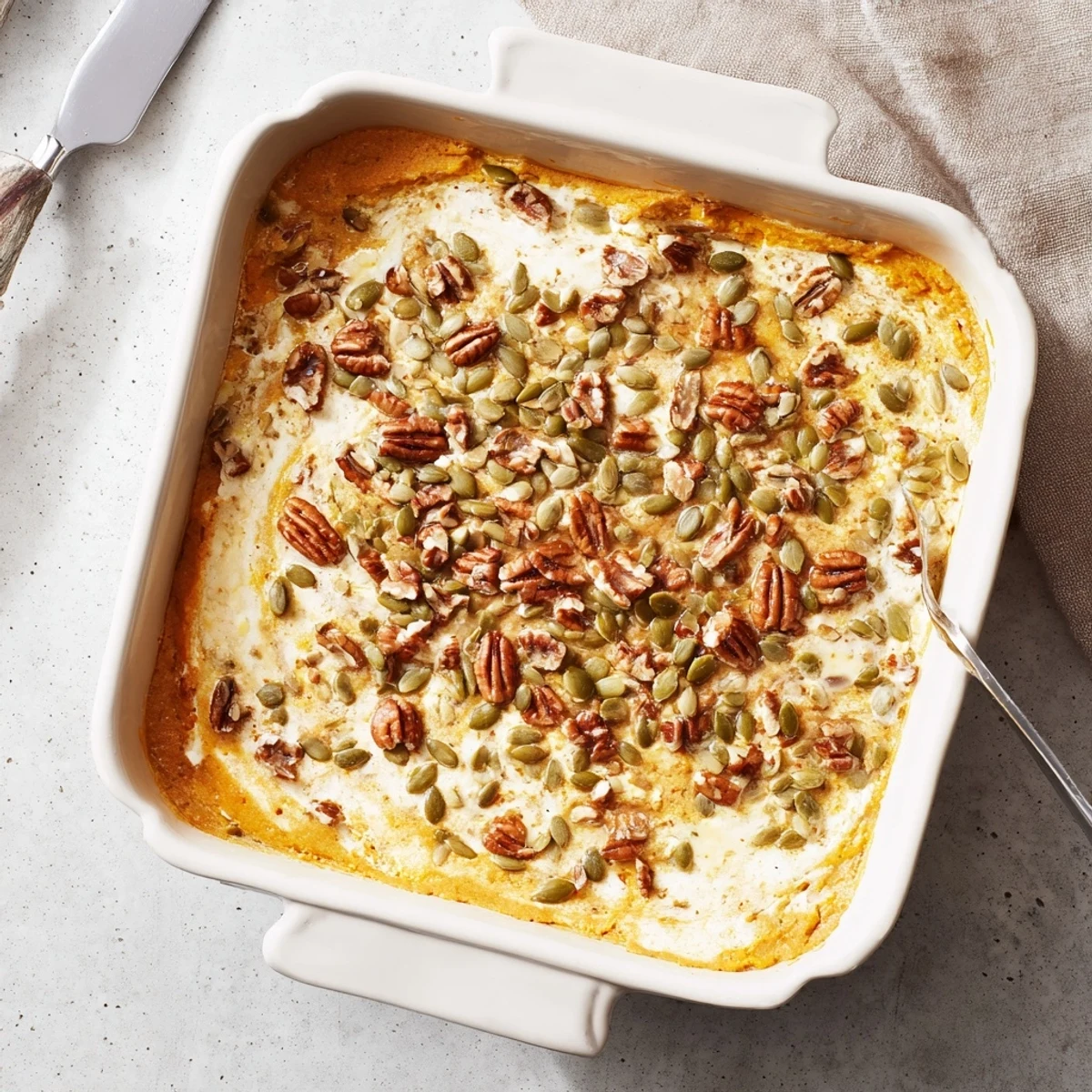 Warm slice of spiced cottage cheese pumpkin bake topped with crunchy nuts and seeds for breakfast