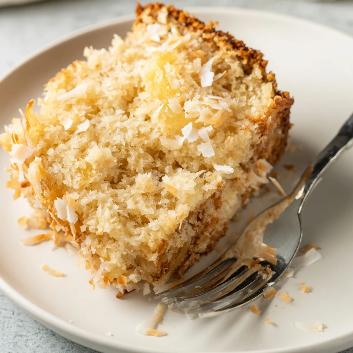 Moist tropical banana bread studded with sweet pineapple chunks and toasted coconut flakes