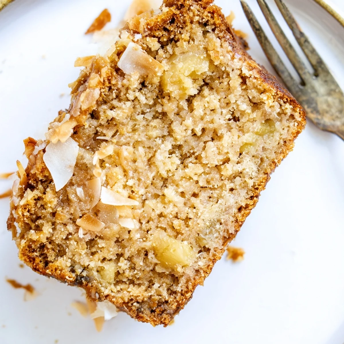 Golden brown coconut pineapple banana bread loaf topped with fluffy shredded coconut