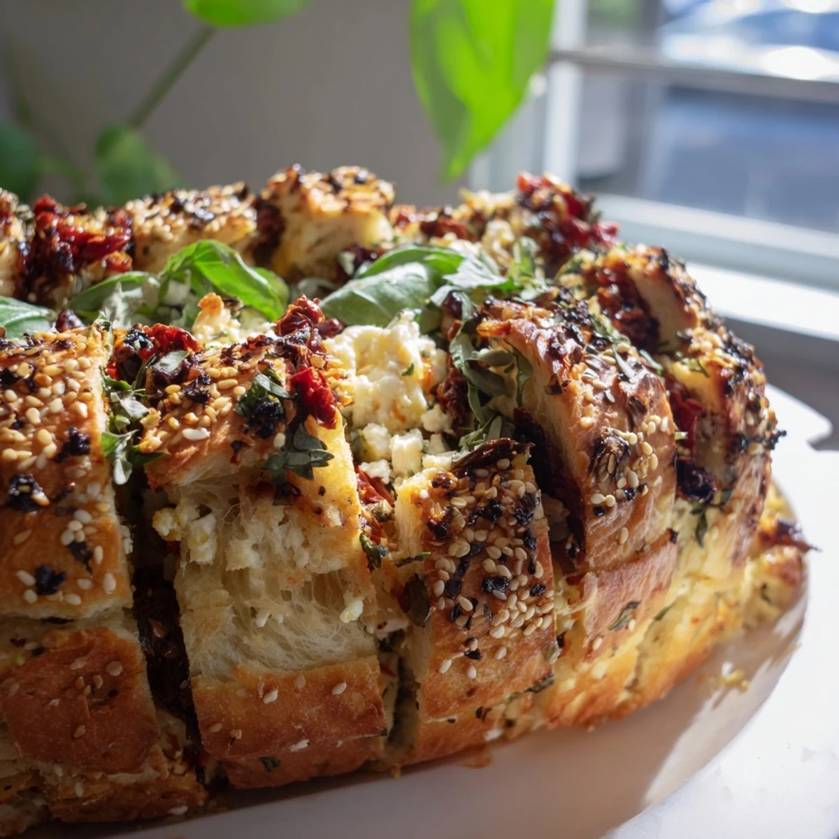 Soft savory loaf featuring layers of feta, Kalamata olives, and aromatic fresh Mediterranean herbs