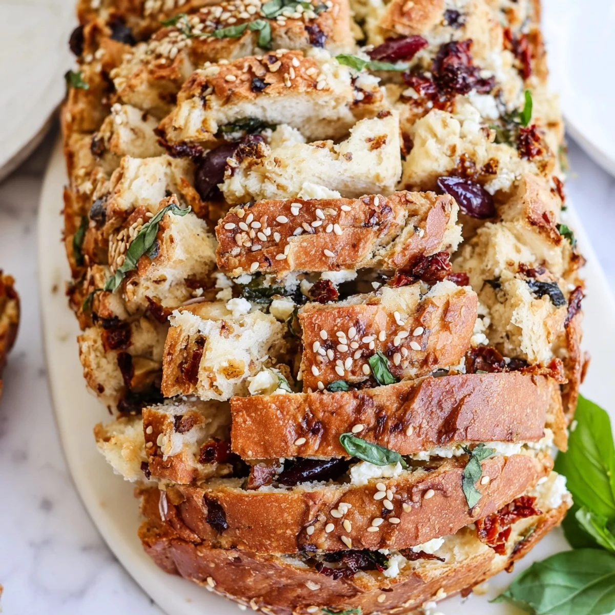 Warm pull-apart bread revealing vibrant sun-dried tomatoes and salty olives nestled in fluffy dough