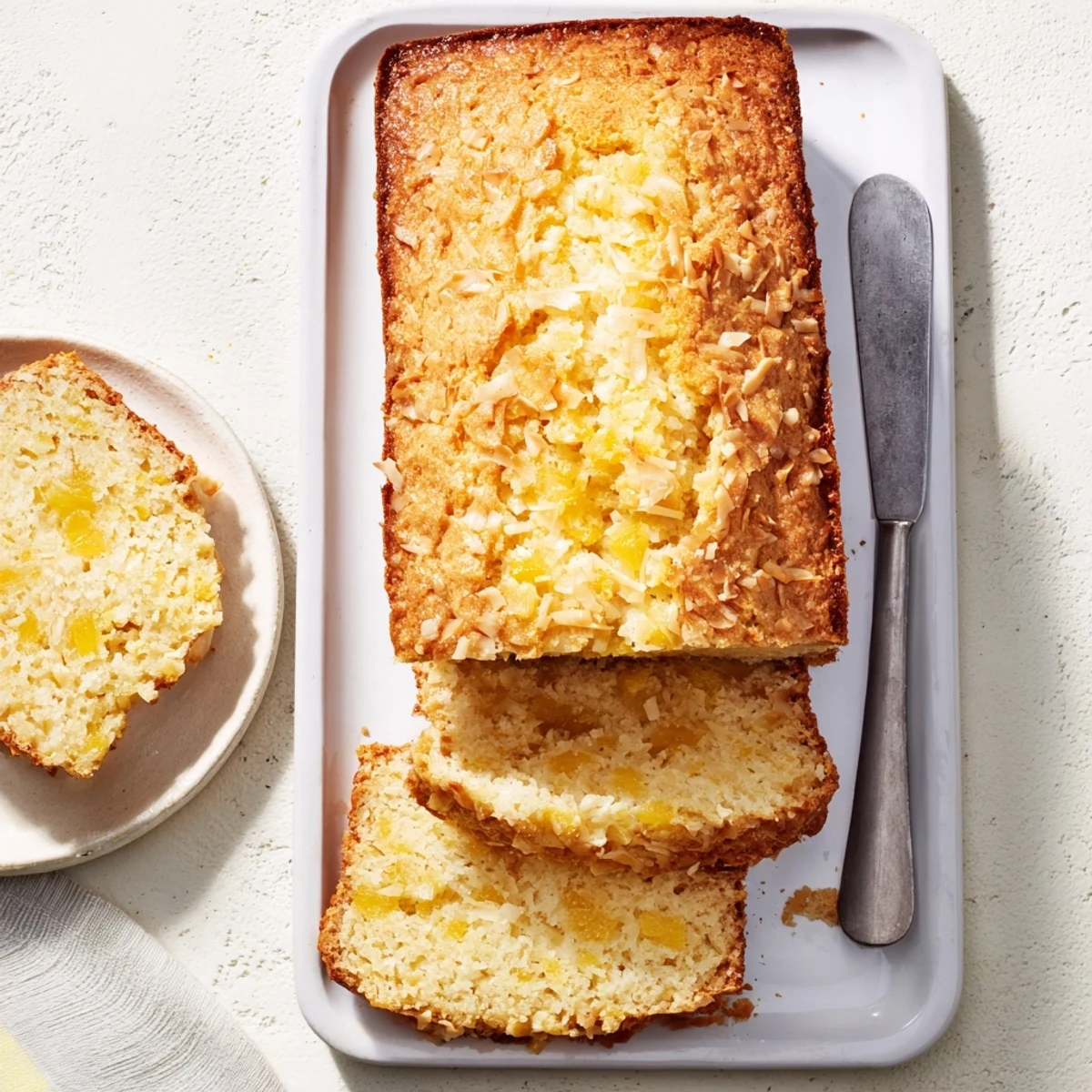 Golden slice of cozy pineapple coconut bread topped with shredded coconut flakes