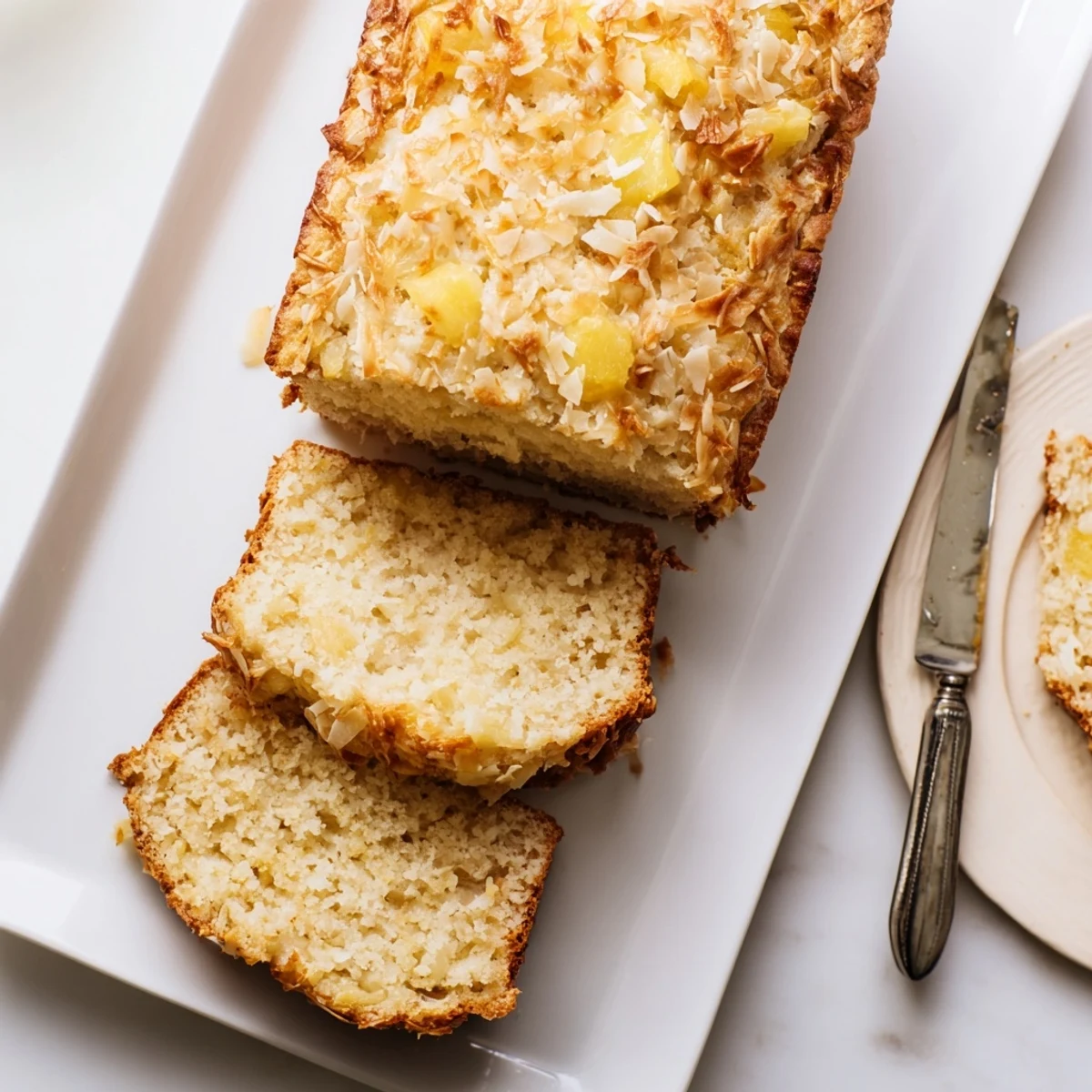 Warm slice of pineapple coconut bread served with melted butter and honey