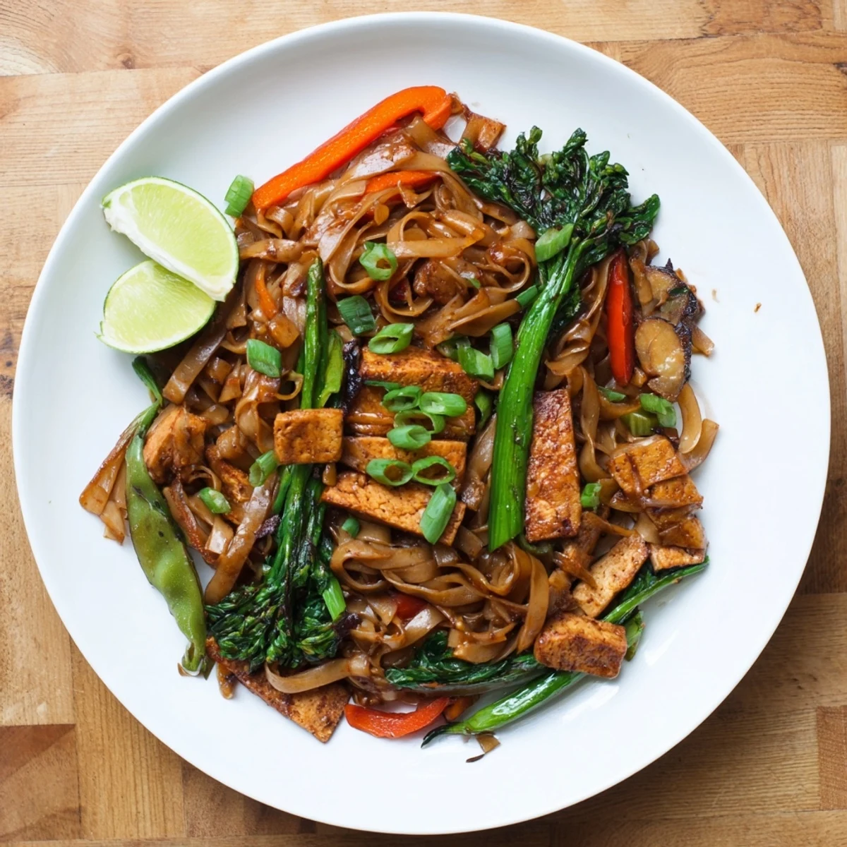 Steamy plate of Vegan Pad See Ew featuring tender rice noodles, colorful vegetables, and protein-rich tofu strips