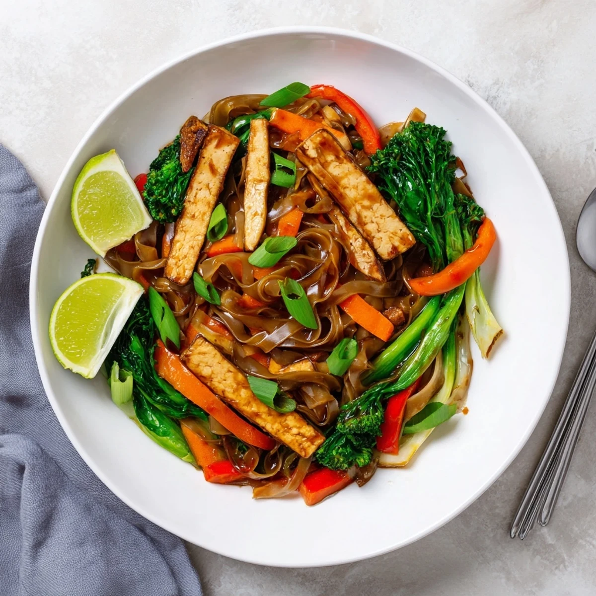 Vegan Pad See Ew stir-fried with wide rice noodles, crisp Chinese broccoli, and golden tofu in savory soy sauce