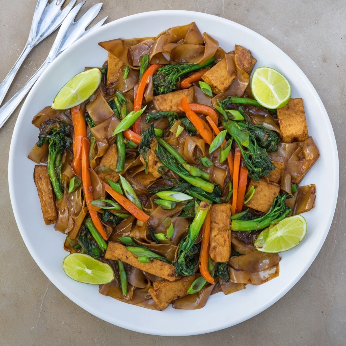 Garnished Vegan Pad See Ew with fresh green onions and lime, showcasing wide noodles and crisp broccoli pieces