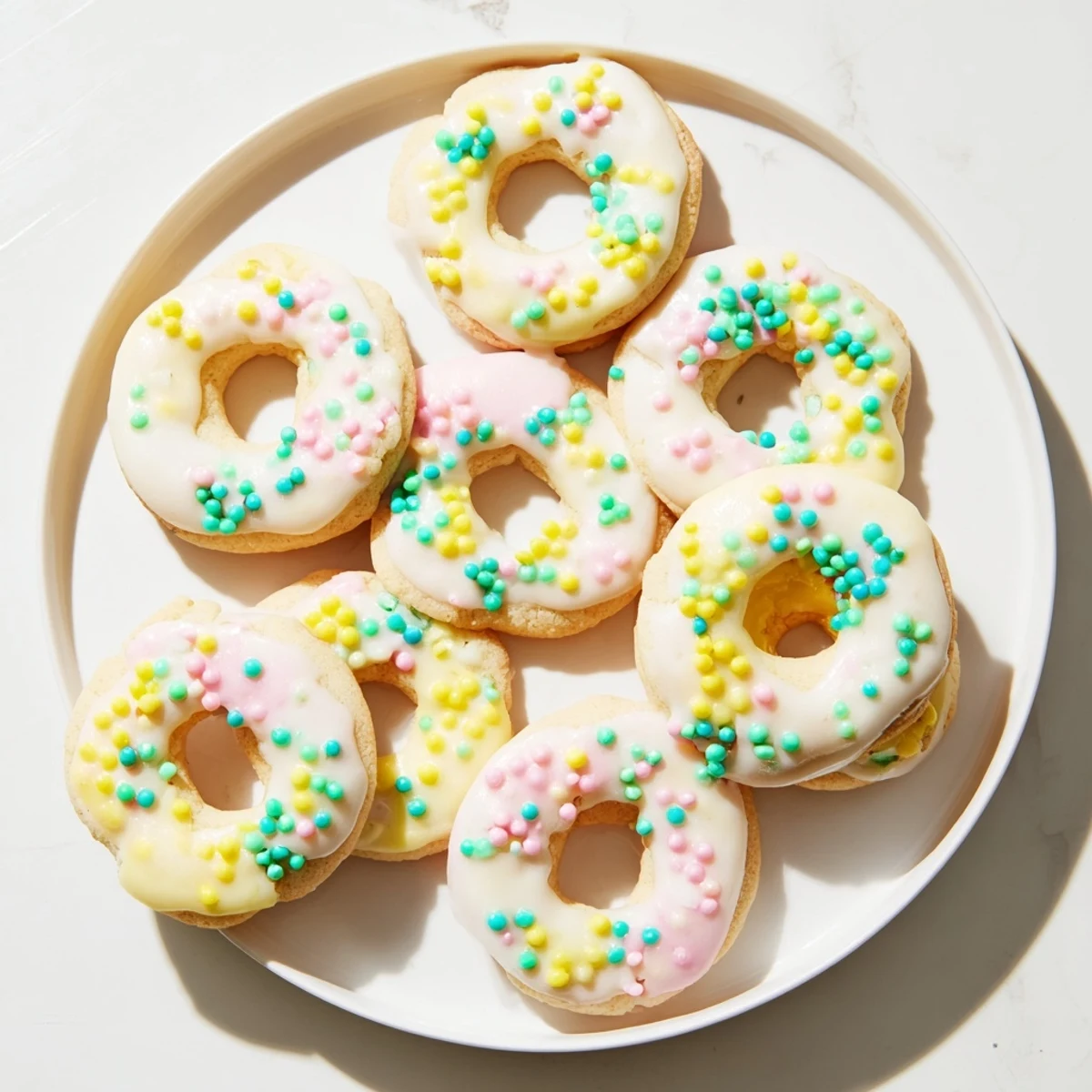 Soft Italian Easter cookies topped with white vanilla icing and colorful pastel sprinkles