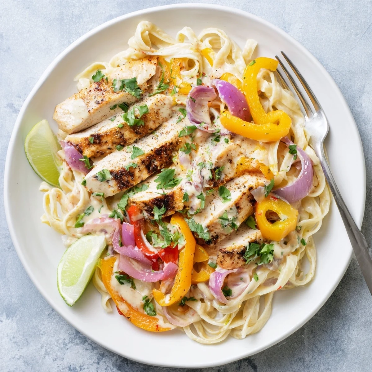 Creamy Southwest Chicken Alfredo pasta topped with sliced spiced chicken and colorful bell peppers