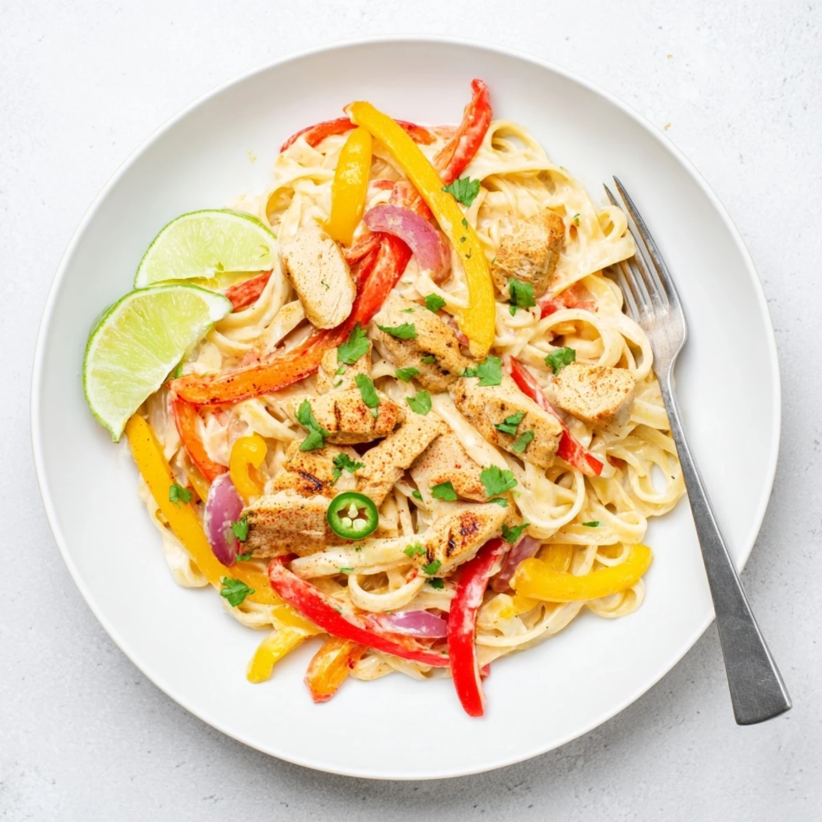 Steaming bowl of Southwest Chicken Alfredo featuring tender chicken strips in a rich Parmesan cream sauce