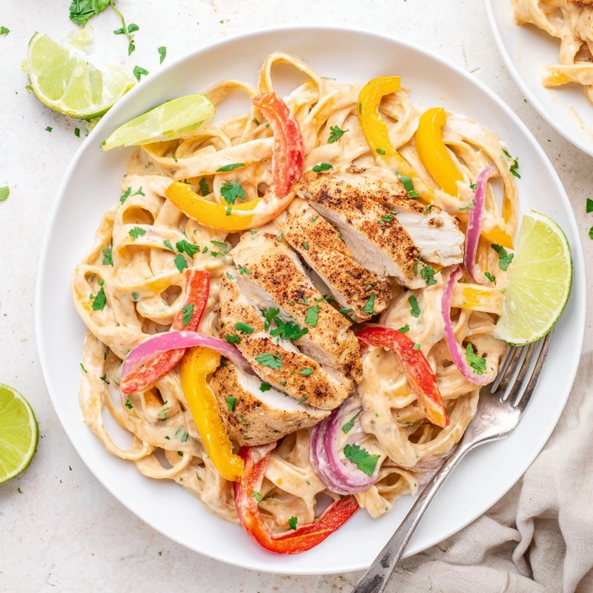 Southwest Chicken Alfredo with sliced seasoned chicken breast, red and yellow peppers, and fresh cilantro garnish