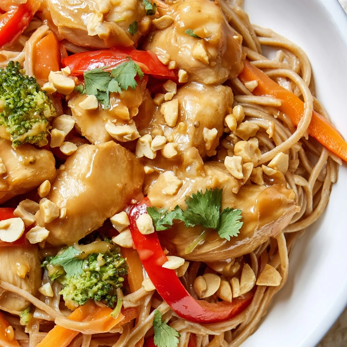 Close-up meal prep containers filled with peanut chicken noodle dish topped with chopped roasted peanuts and fresh cilantro garnish