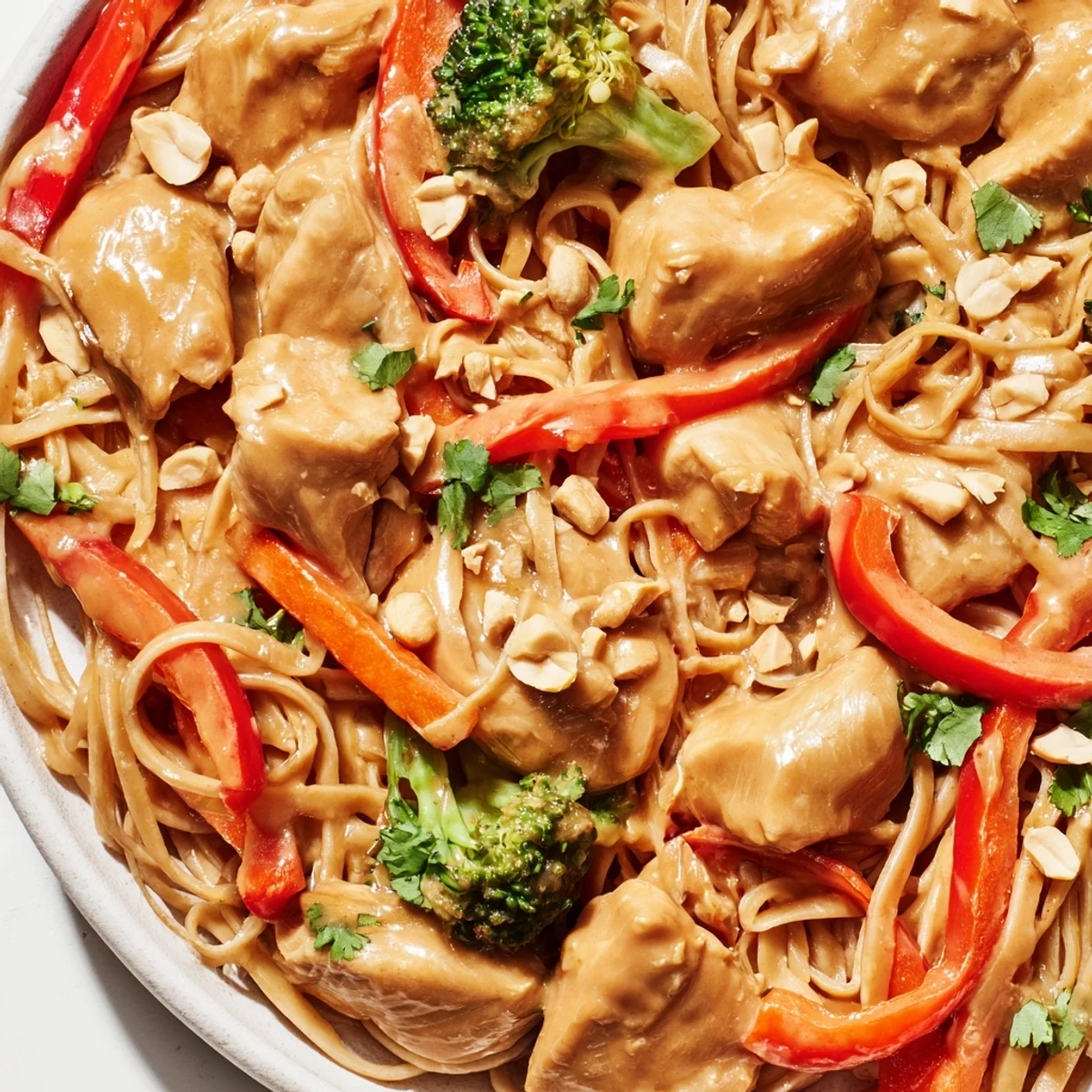 Weekly meal prep featuring healthy peanut chicken noodle bowls with colorful vegetables and creamy peanut sauce coating