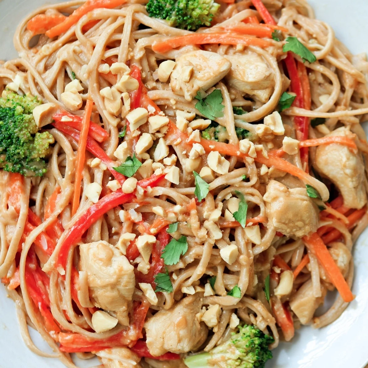 Divided meal prep containers showing peanut chicken noodle recipe with crisp broccoli, carrots, and red bell pepper slices