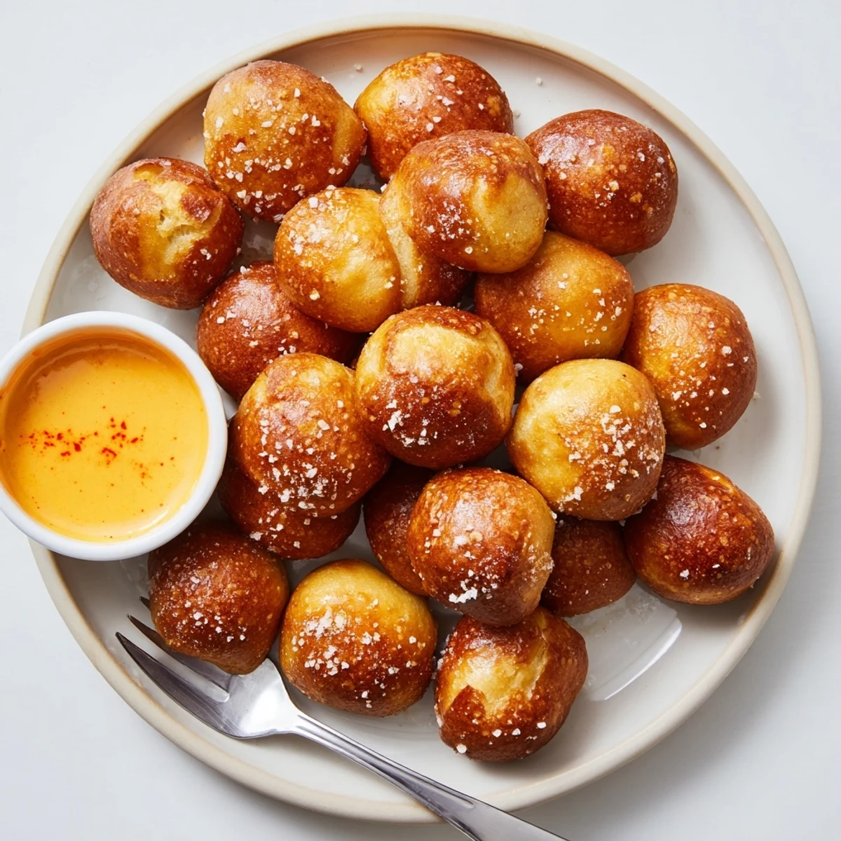 Golden air fryer pretzel bites with coarse salt served alongside warm zesty cheese dip