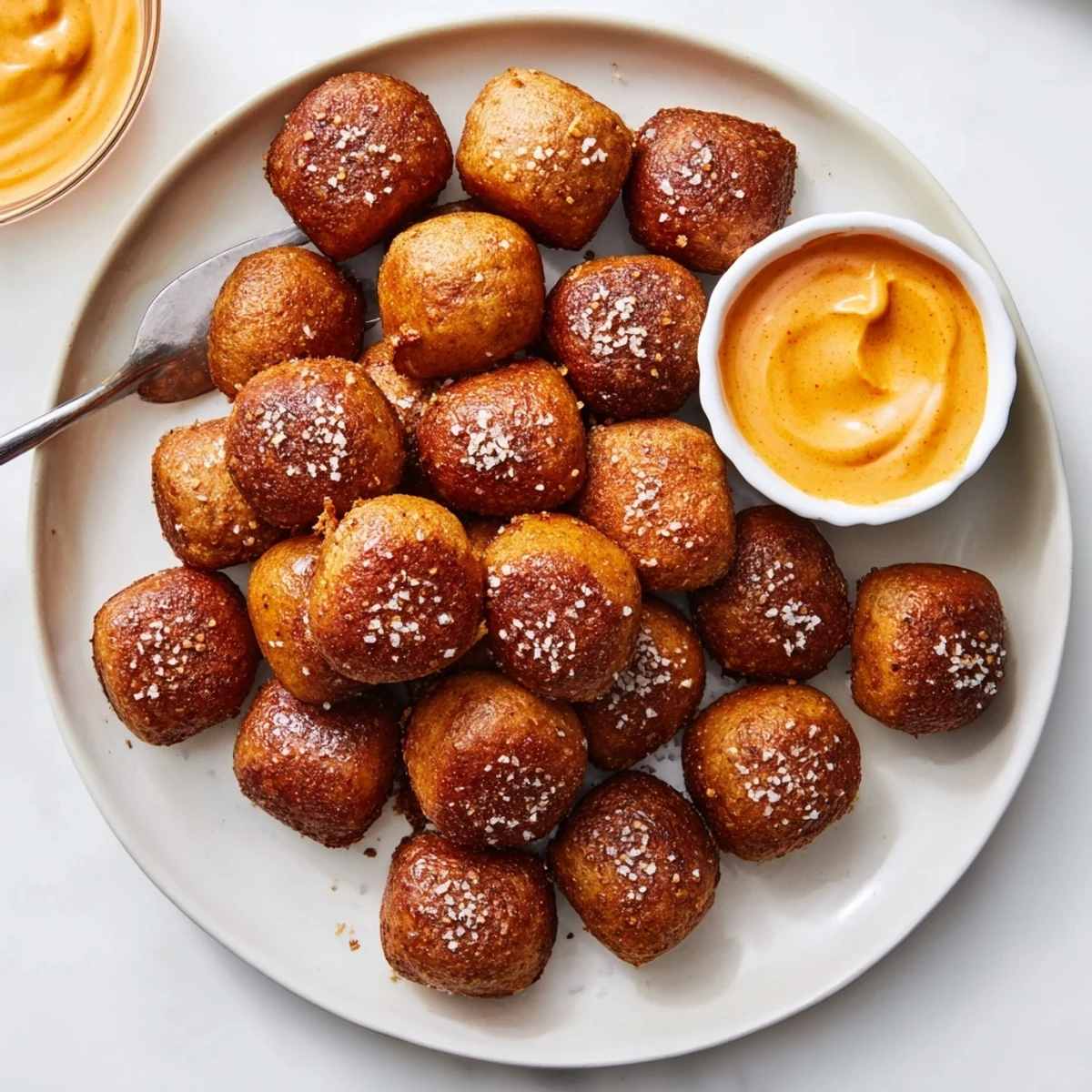 Crispy pretzel bread bites arranged on a platter with creamy cheddar dipping sauce