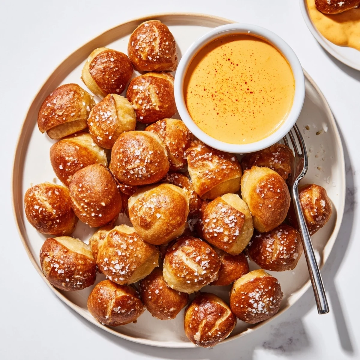 Chewy air fryer pretzel snacks sprinkled with sea salt next to homemade spiced cheese dip