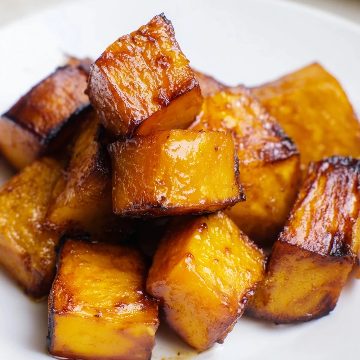 Golden honey cinnamon roasted sweet potato cubes arranged on a white serving plate