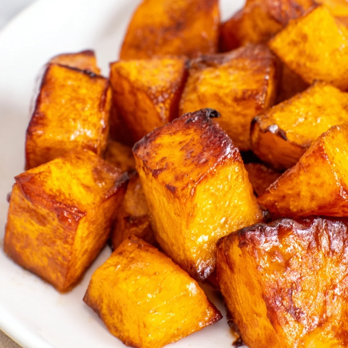 Caramelized sweet potato cubes with glossy honey cinnamon coating fresh from the oven