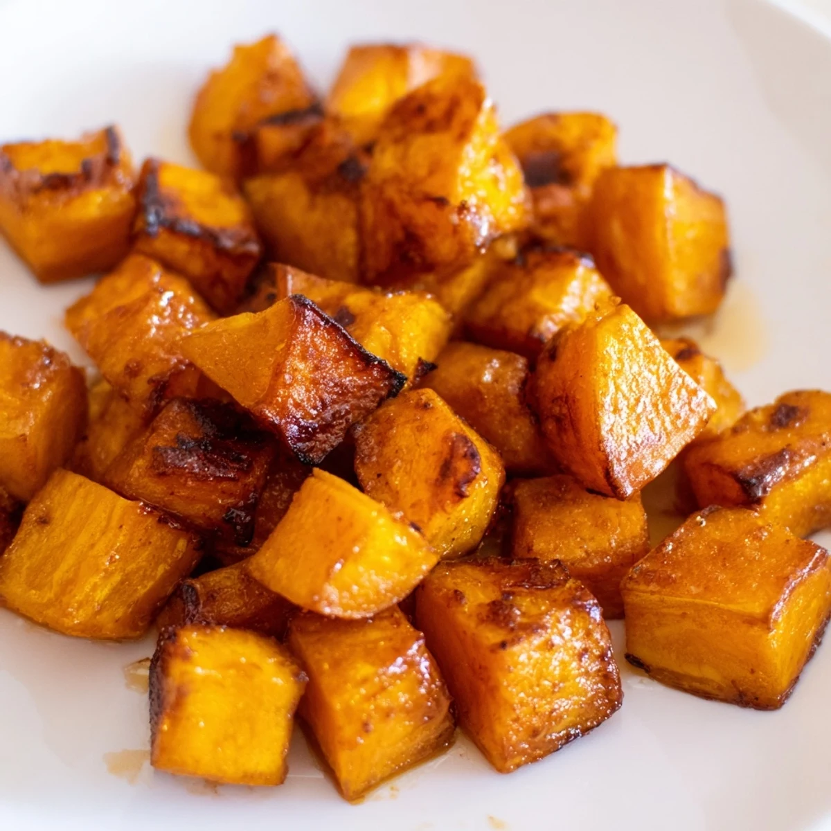 Tender roasted sweet potato pieces in a rustic bowl with honey cinnamon glaze