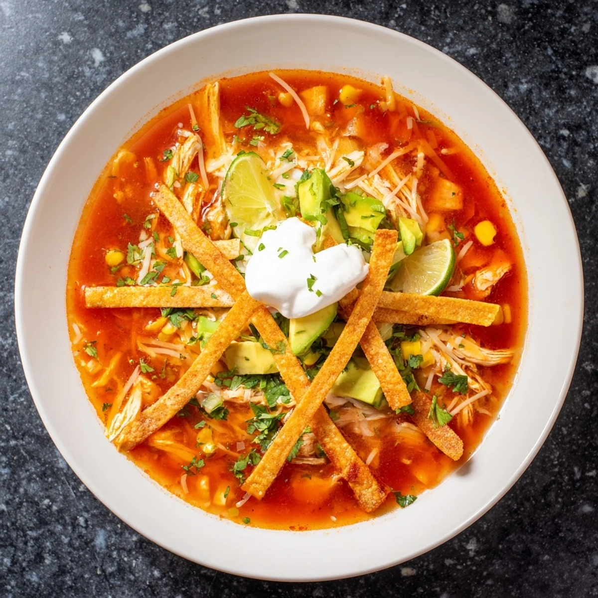 Steaming bowl of Mexican tortilla soup topped with golden crispy tortilla strips and fresh avocado chunks