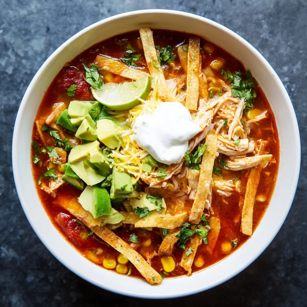 Hearty Mexican tortilla soup with vibrant garnishes including sour cream, lime wedges, and crunchy baked tortillas