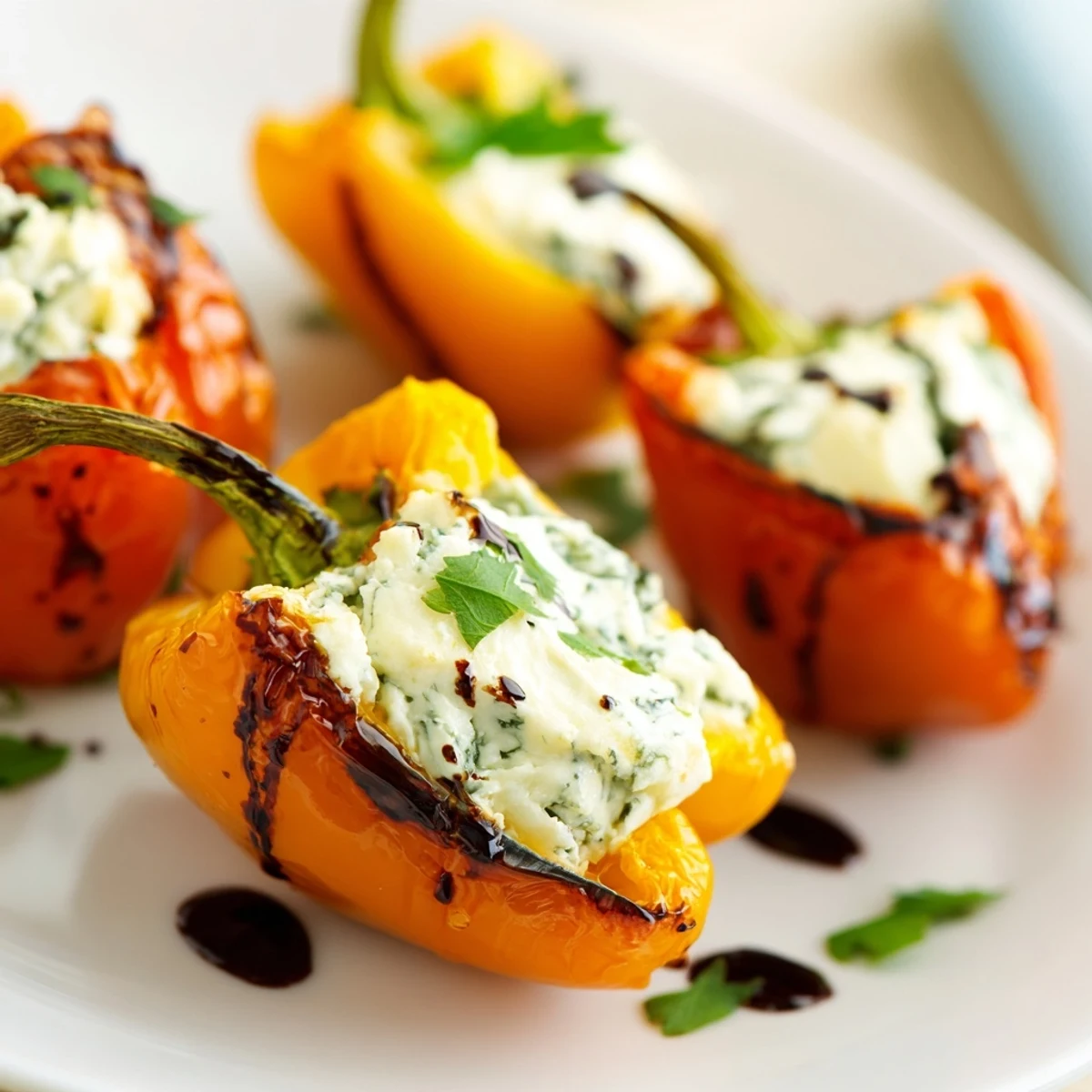 Golden roasted mini peppers mounded with creamy herbed goat cheese filling on a white serving platter