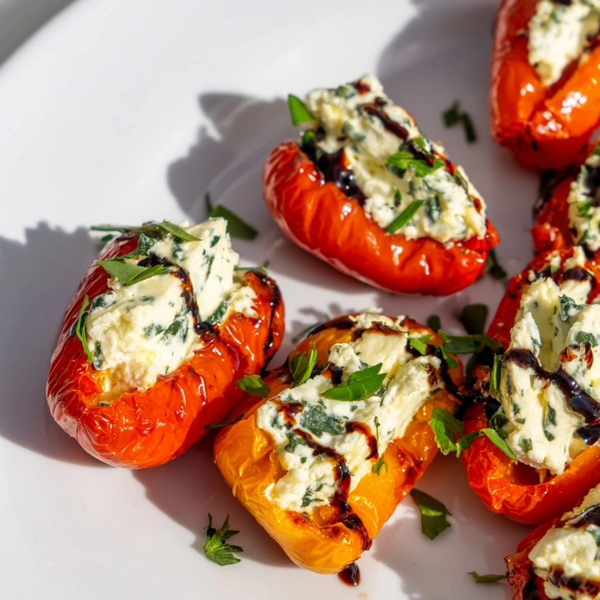 Colorful sweet pepper halves stuffed with tangy goat cheese and fresh herbs drizzled with balsamic glaze
