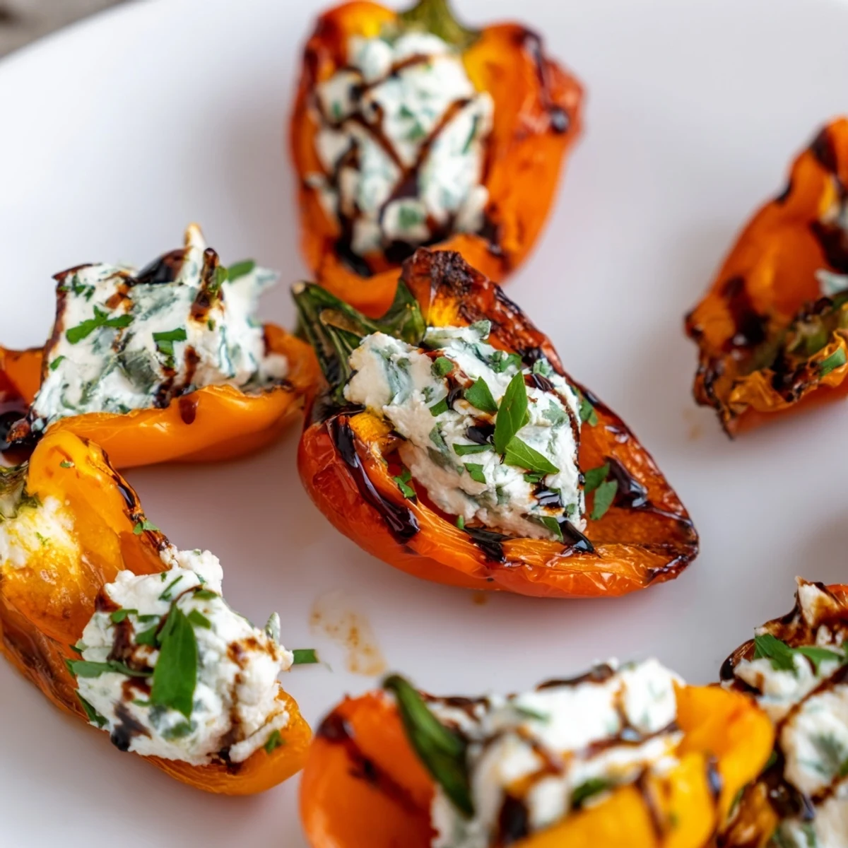 Mediterranean appetizer of roasted peppers filled with smooth herb-seasoned goat cheese cheese garnished with parsley