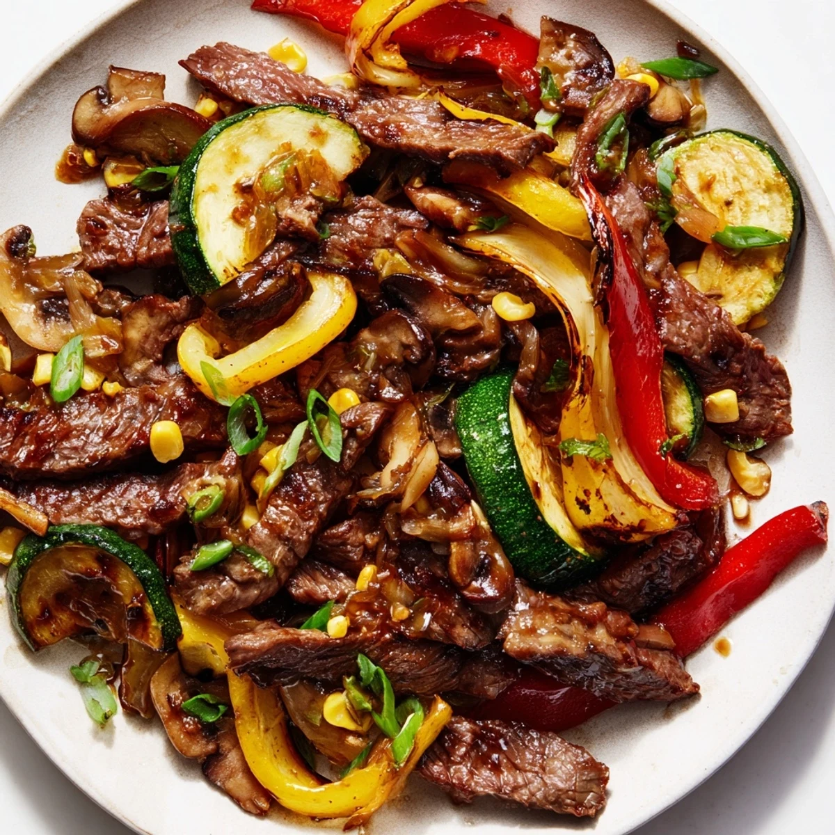 Sizzling Blackstone cowboy stir fry with tender beef, colorful charred vegetables and fresh green onion garnish