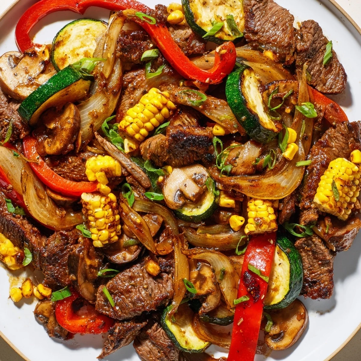 Rustic Blackstone cowboy stir fry loaded with sliced beef, zucchini, mushrooms and glossy savory sauce