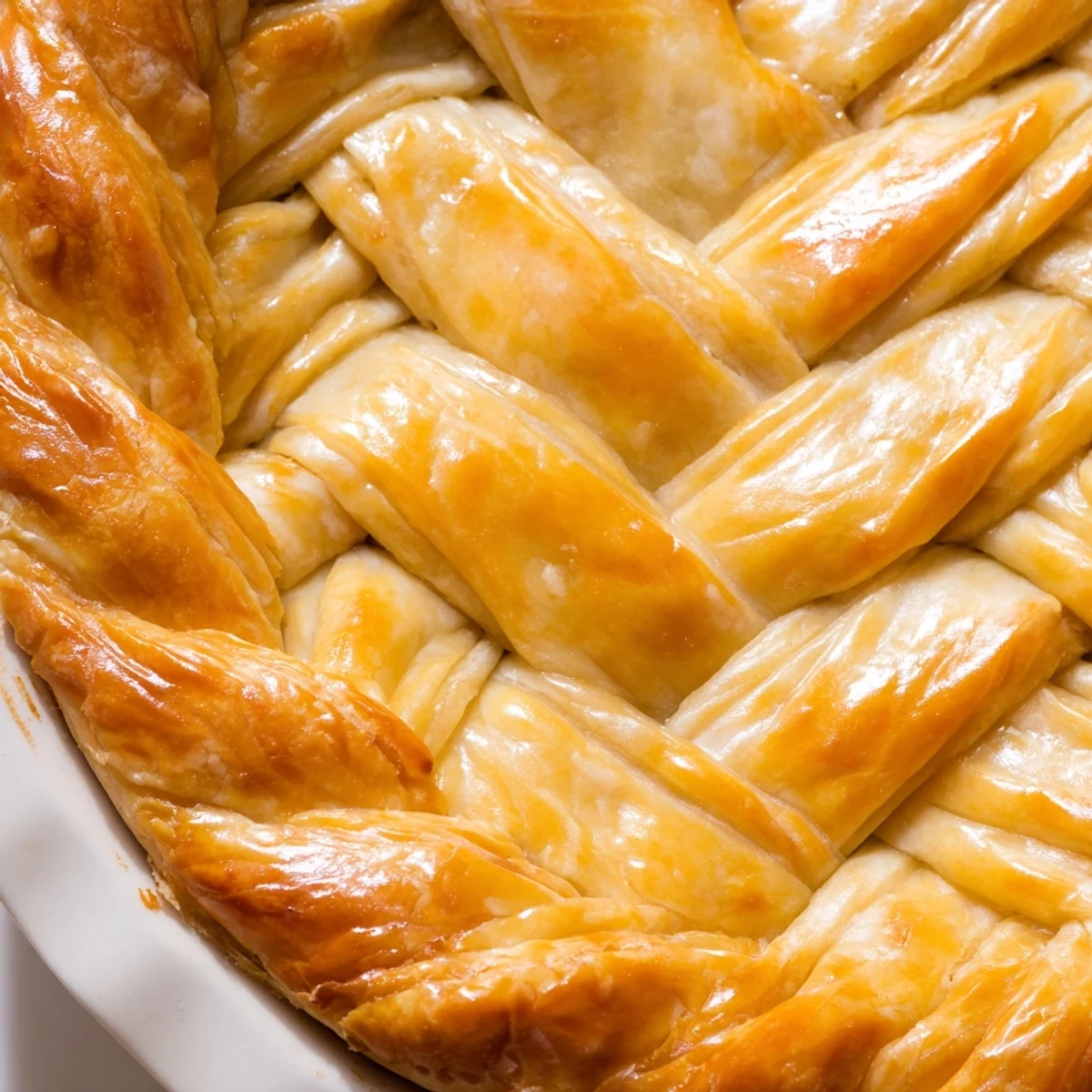 Golden brown fishtail braid pie crust with woven pastry strips decorating the edge