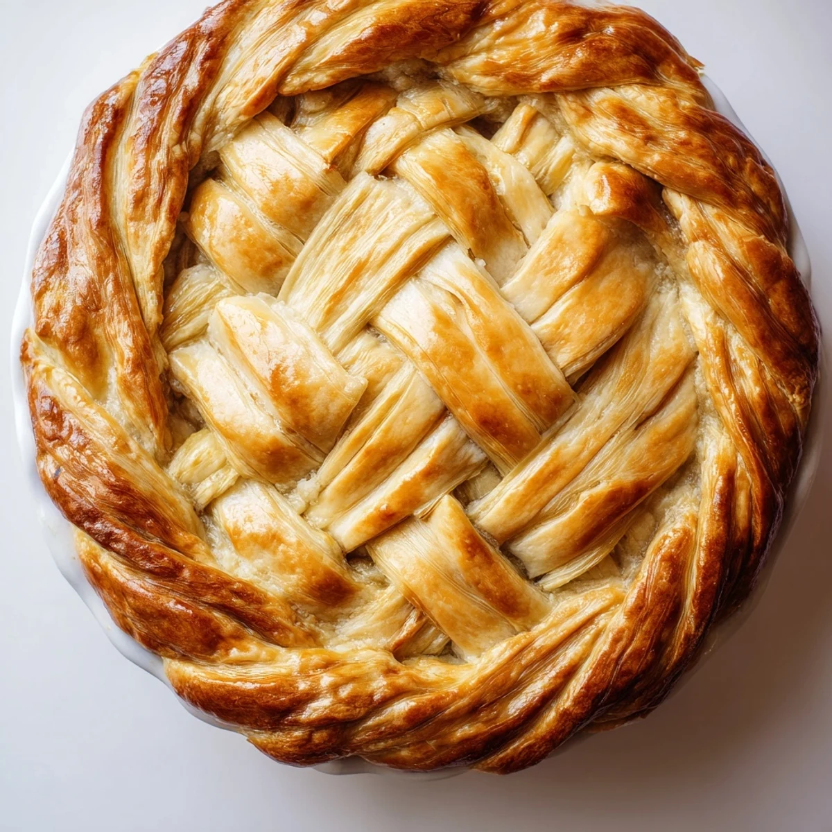Homemade pie featuring an elegant four-strand fishtail braid crust brushed with egg wash